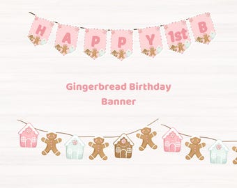 Gingerbread Birthday Banner, Printable Party Decoration, Candy House and Gingerbread Man Garland, Instant Download