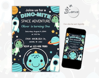 Dino-Mite Space Adventure Birthday Invitation: Astronaut Dinosaur, Editable Canva Template, Outer Space Invite