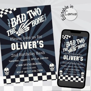 Bad two the bone invitations for boys,2nd birthday invitation, rock and roll theme in digital and printable template