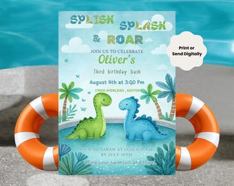 Dino Pool Party Invitation: Editable Watercolor Dinosaur Birthday, Splish Splash and Roar Canva