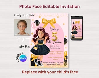 Invitación para el 5.º cumpleaños: Foto glamurosa, rosa, negro y dorado (plantilla para lienzo)