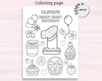 Ausmalbild zum Erdbeergeburtstag, Aktivität für eine Beeren-Geburtstagsfeier zum ersten Geburtstag für Kinder, bearbeitbare Canva-Vorlage