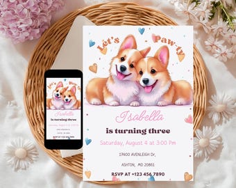 Bearbeitbare Corgis-Welpen-Geburtstagseinladung: Let's Pawty Dog Party Invite, Canva Template für Mädchen