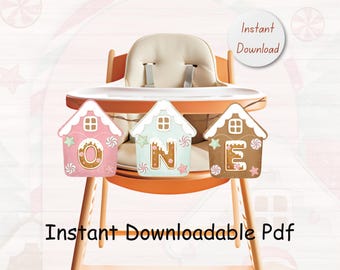 Gingerbread Highchair Banner, ONE Birthday Decor, Printable First Birthday Highchair Decoration, Instant Download PDF