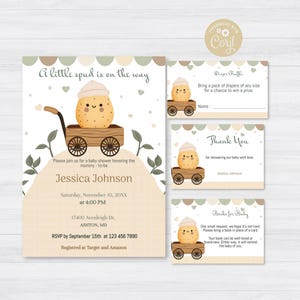 Ein kleiner Spud ist auf dem Weg Babypartyeinladung, bearbeitbare Kartoffel-Babypartyeinladung, niedliches Babypartyeinladungs-Paket
