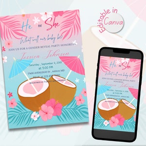 Tropical gender reveal invitation,luau gender reveal party, boy or girl summer party invitation template