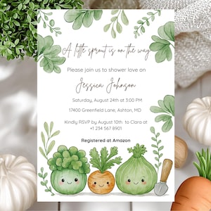Little sprout baby shower, editable vegetable garden baby shower invitation, farmers market baby shower canva template, instant download