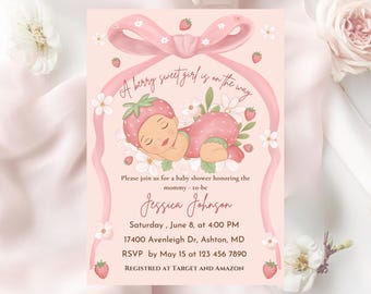 Strawberry Baby Shower Invitation: Berry Sweet Girl, Pink Bow Editable Canva Template (Digital Download)
