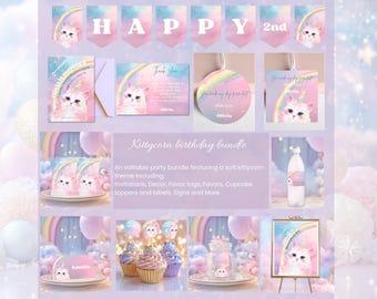 May include: A Kittycorn-themed party bundle featuring invitations, decor, and cupcake toppers. The banner spells "HAPPY 2nd". The design incorporates pastel pink, blue, and purple hues with rainbow details. Includes a bottle and a framed picture.