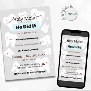 Carte de remise des diplômes Sainte molaire, il l'a fait, invitation de diplômé dentaire sur le thème des dents, téléchargement numérique modifiable pour les garçons, invitation drôle de diplômé dentaire