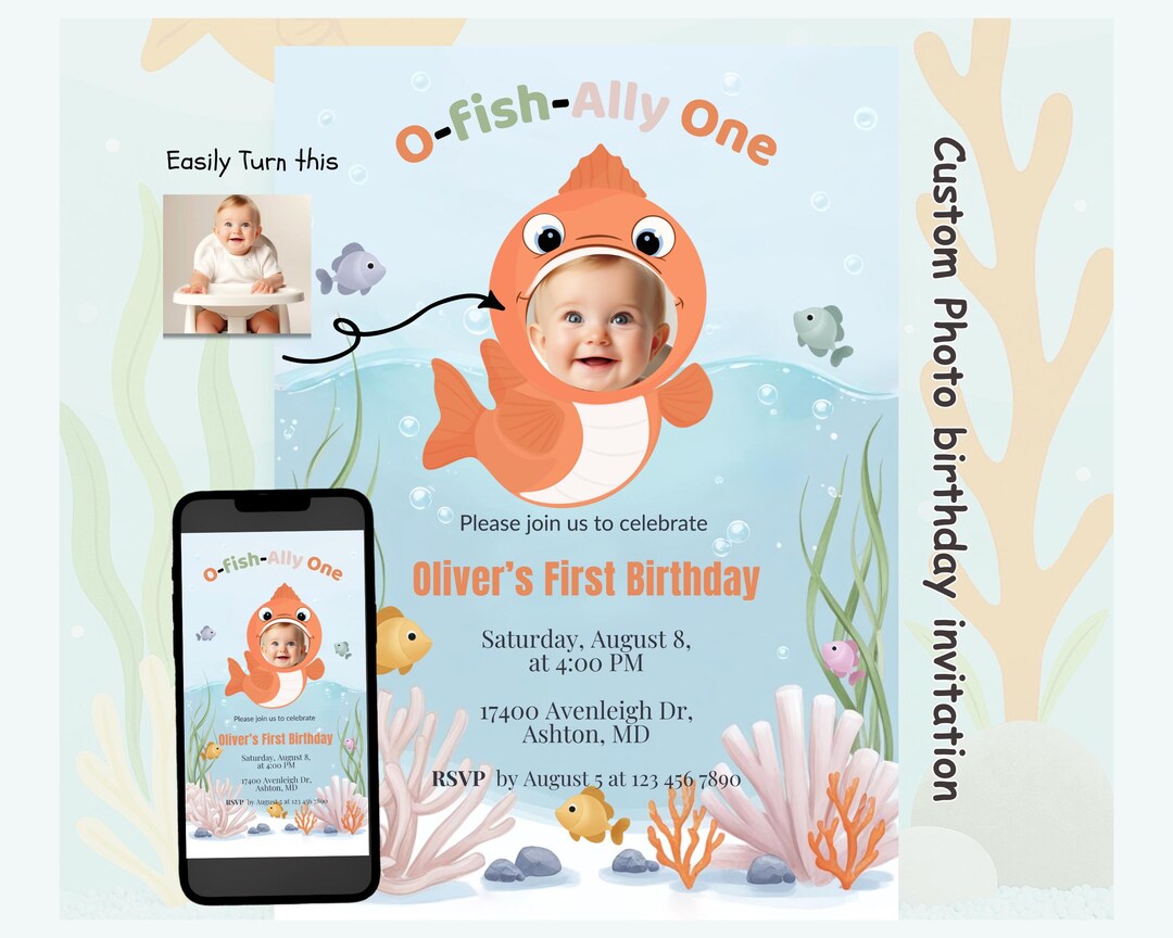 Fish Theme 1st Birthday Invitation With Photo, Under the Sea Invite ...