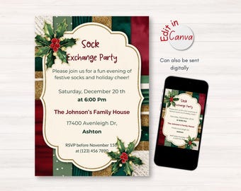 Puede incluir: Una invitación festiva para una Fiesta de Intercambio de Calcetines. El diseño presenta un marco color crema con texto, acentos de acebo y un fondo de rayas rojas, verdes y doradas. Un smartphone muestra la invitación.