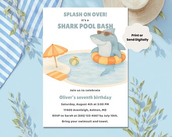 May include: A digitally printed invitation for a shark-themed pool party. The invitation features a cartoon shark wearing sunglasses and a life preserver in a pool. Text includes party details and RSVP information.