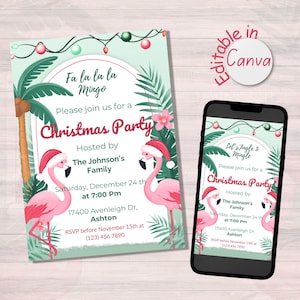 Invitación navideña con flamencos, tarjeta para evento festivo tropical, invitación festiva editable e imprimible, invitación móvil navideña