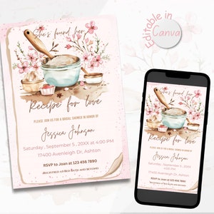 Cooking bridal shower invitation, recipe for love shower invite, editable printable and digital bridal shower invitation