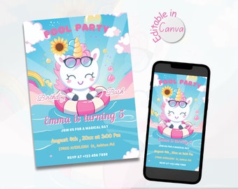 Unicorn Pool Party Invitation: Editable Summer Birthday Template, Magical Bash for girl