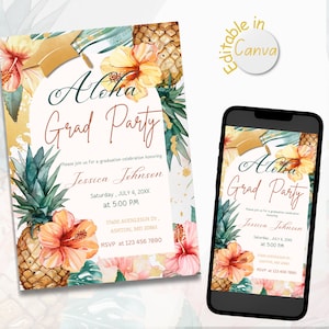 Convite para festa de formatura Aloha, convite para festa de formatura Luau, modelo de convite de formatura tropical editável e digital para impressão