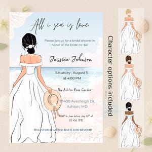 Beach Bridal Shower Invitation: Ocean Theme, Character Options (Canva Template)