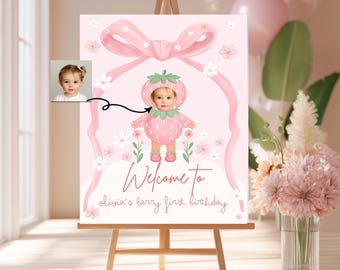 Berry first birthday welcome sign , coquette first birthday with photo, editable pink bow welcome poster template, strawberry party decor