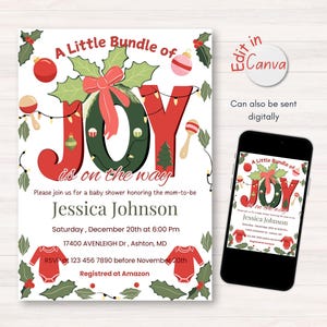 Un pequeño paquete de alegría está en camino, invitación para baby shower navideño, tema festivo, tarjeta de celebración festiva para bebé editable e imprimible