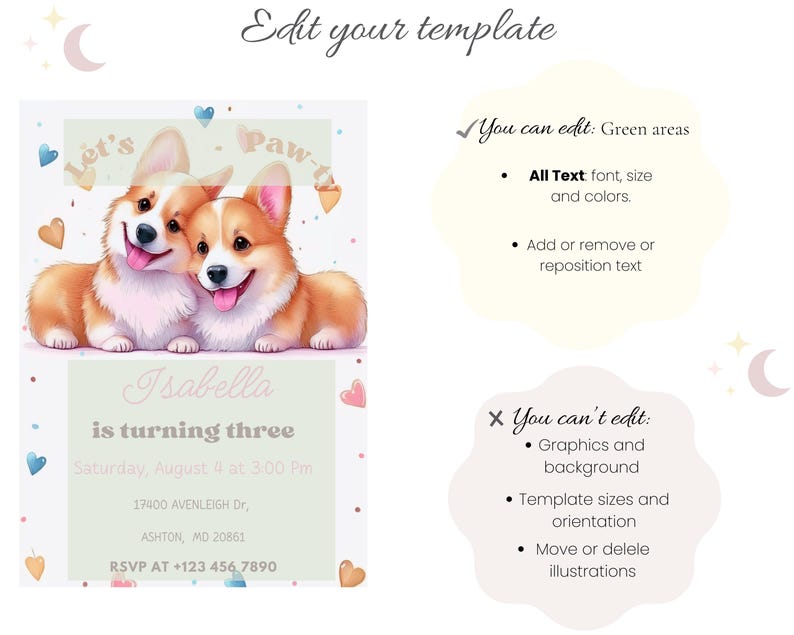 Editable Corgi Notes Editable Corgi Puppy Birthday Invitation: Let’s Pawty Dog Party Invite ...