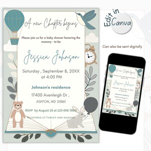 A new chapter baby shower, storybook themed baby shower invitation, gender neutral templates