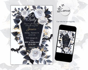 Floral Baby Shower Invitation: Bat & Coffin Design, Elegant Black and White Roses Baby Invite