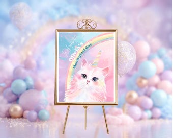 Caticorn Birthday Welcome Sign, Editable kitty unicorn party decor, Meowgical Party Sign Printable, Cat Unicorn Pastel Girl welcome poster