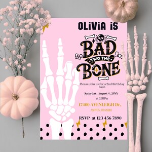 Bad Two The Bone : Pink Skeleton Second Birthday Invitation, Editable Halloween Canva Template For Girls