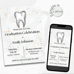 Convite de formatura de dentista, festa de formatura odontológica, convite editável para cartão de formatura de escola odontológica
