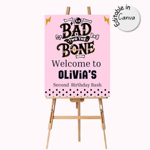 Bad two the bone girl birthday welcome sign, 2nd birthday party decor, halloween party, rock n roll decorations