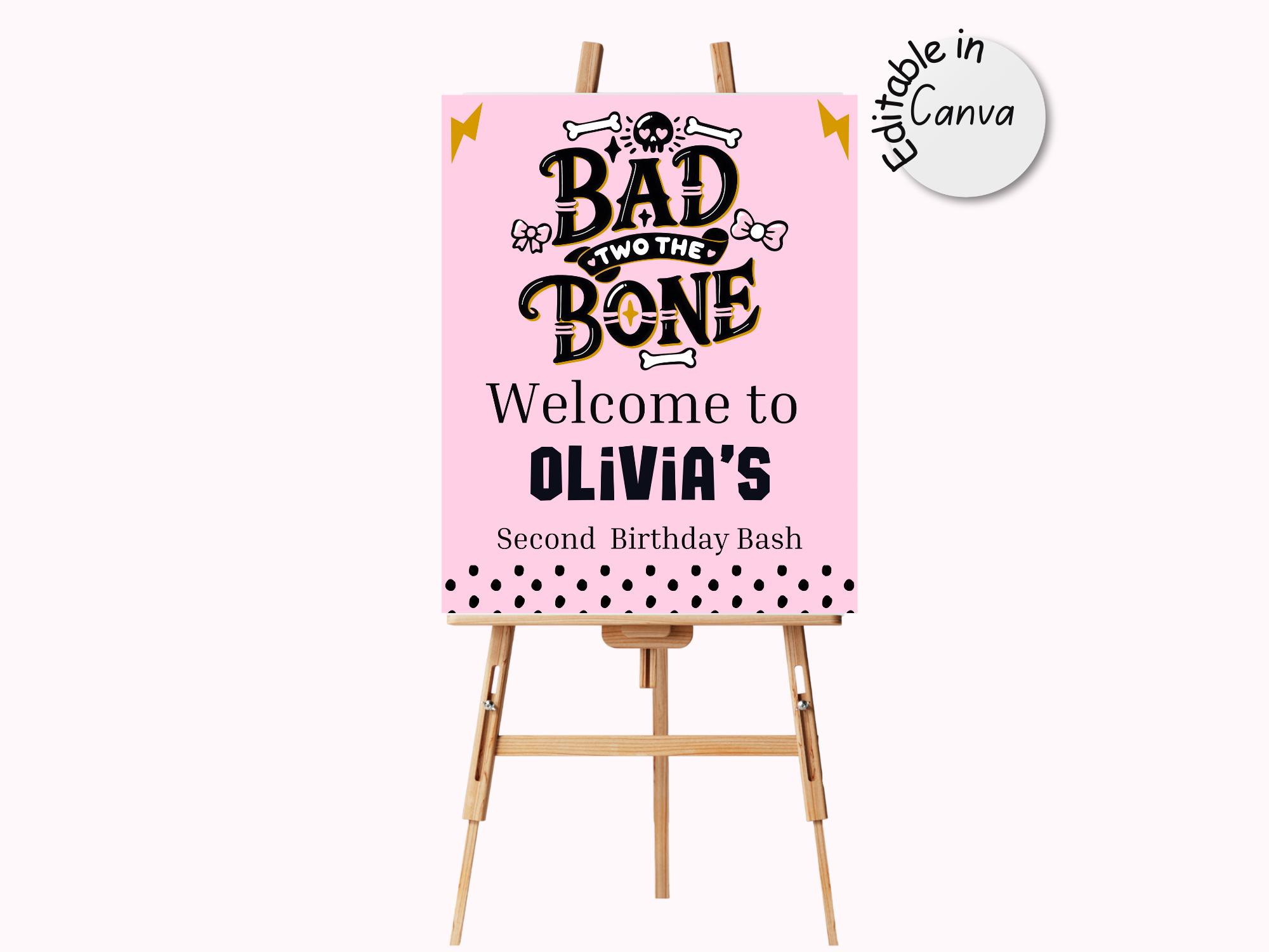 Bad two the bone girl birthday welcome sign, 2nd birthday party decor, halloween party, rock n roll decorations