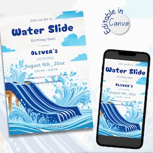 May include: A blue and white birthday party invitation with a cartoon illustration of a water slide. The invitation says "Join us for a Water Slide Birthday Bash" and includes the name "Oliver's" and the date "August 4th, 20xx".
