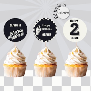 Bad two the bone cupcake topper for 2nd birthday party ,rock n roll theme party