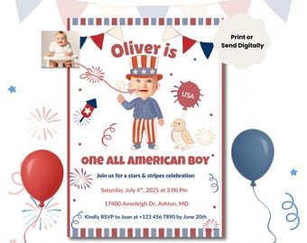 One All American Boy Birthday Invitation, 4th of July First Birthday, Uncle Sam Baby