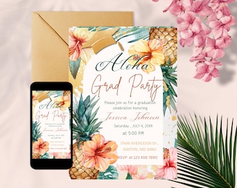 Aloha Graduation Party Invitation : Tropical Editable Canva Template, Luau Graduation