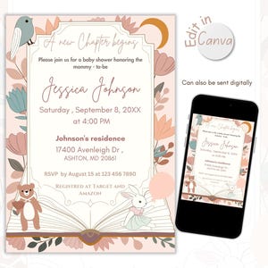 A new chapter begins for a storybook themed girl baby shower invitation, editable template card