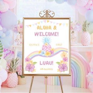 Luau Welcome Sign, Editable Tropical Party Sign, Aloha First Birthday party Decorations, Pineapple Canva Template, Digital Printable Sign