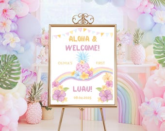 Luau Welcome Sign for Girls: Aloha Birthday Party Poster, Tropical Pineapple Canva Template