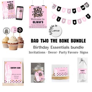 Bad two the bone girl birthday Bundle, 2nd birthday rock and roll theme party decorations , editable templates in canva