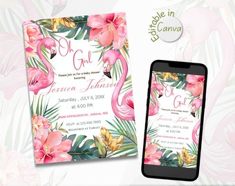 Flamingo Baby Shower Invitation: Oh Girl Tropical Luau Theme,  Summer Pink Floral Canva Template