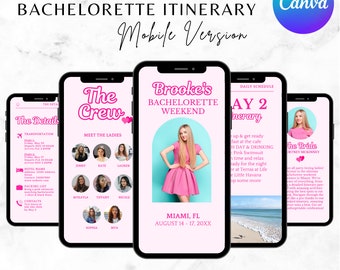 Pink Bachelorette Digital Itinerary & Doll Invitation | Travel Planner Canva Template