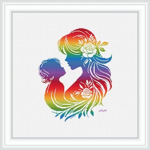 Kreuzstich Stickmuster Mutter Kind Silhouette Rosen Blumen Regenbogen Familie Muttertag alles Gute zum Geburtstag Mama Kreuzstichmuster PDF
