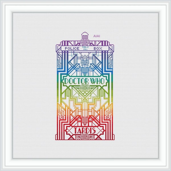 Cross stitch pattern electronic Tardis Police box Doctor Who Rainbow Monochrome Blue Dr Who Time Machine counted cross stitch patterns PDF