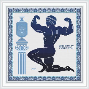 Cross stitch pattern Heracles silhouette Greek hero Hercules sport fitness ancient Greece monochrome blue counted crossstitch patterns PDF