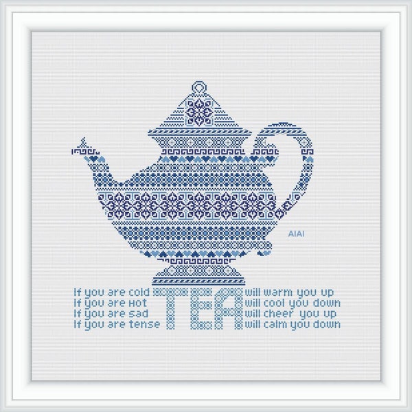 Cross stitch pattern Tea Teapot ornament silhouette monochrome Kitchen kettle blue red counted crossstitch patterns/Instant Download PDF