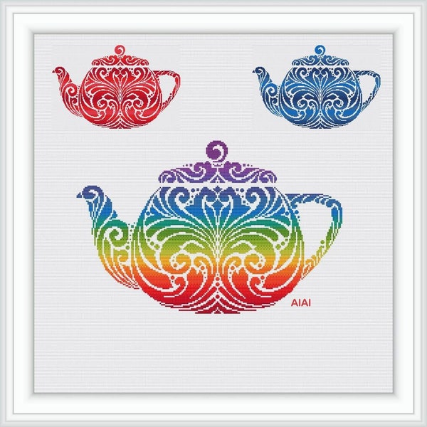 Cross stitch pattern Teapot silhouette kitchen tea ornament rainbow monochrome kettle counted crossstitch patterns/Instant Download PDF
