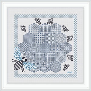Blackwork sampler bee honeycomb silhouette geometric ornament monochrome panel bees patchwork  honey
