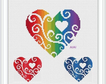 Cross stitch pattern small Heart silhouette curls ornament rainbow monochrome colorful hearts counted crossstitch patterns heart xstitch PDF