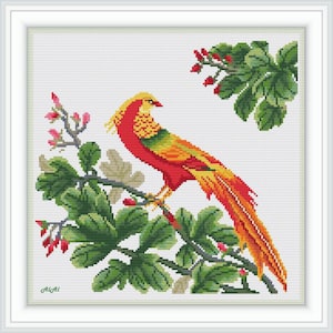 Cross stitch pattern bird Pheasant pink flowers Antique needlepoint pattern Berlin woolwork counted crossstitch pattern/Instant Download PDF